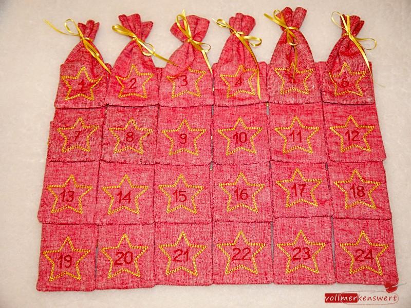 Adventskalender aus Stoff zum Befüllen bestickt mit Stern und Zahl Leinenoptik edel